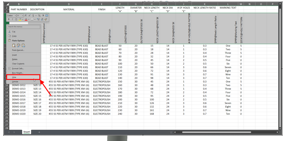 hide information in excel