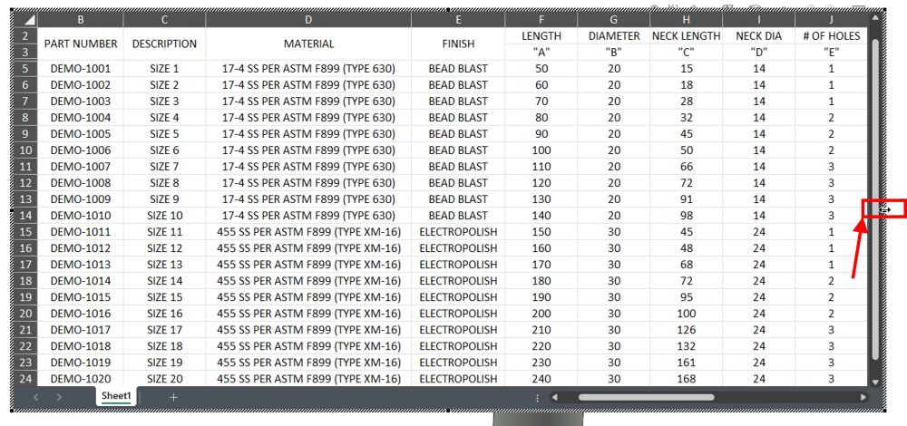 resize excel table window